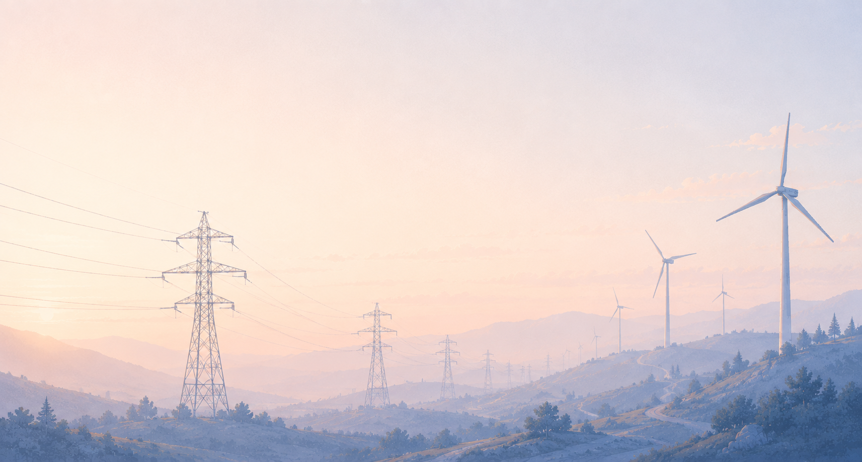 A transmission corridor crossing hills at dawn, a lineworker crew and their truck on the road below