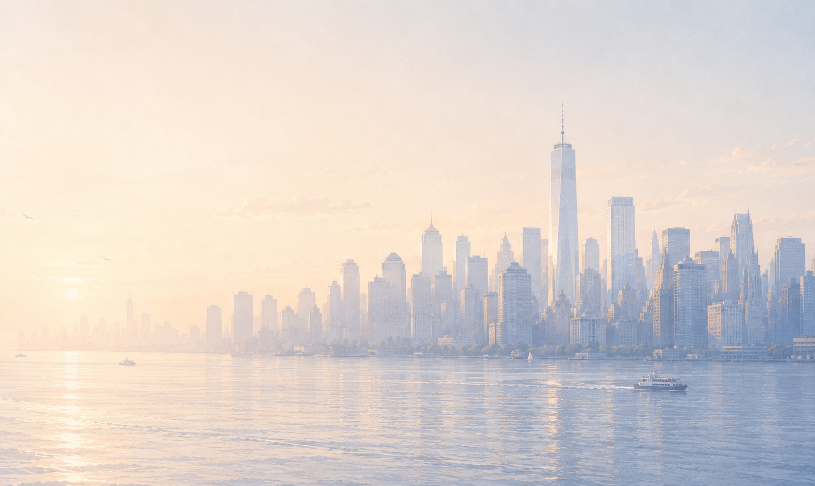 Lower Manhattan skyline across the harbor, a ferry in the foreground