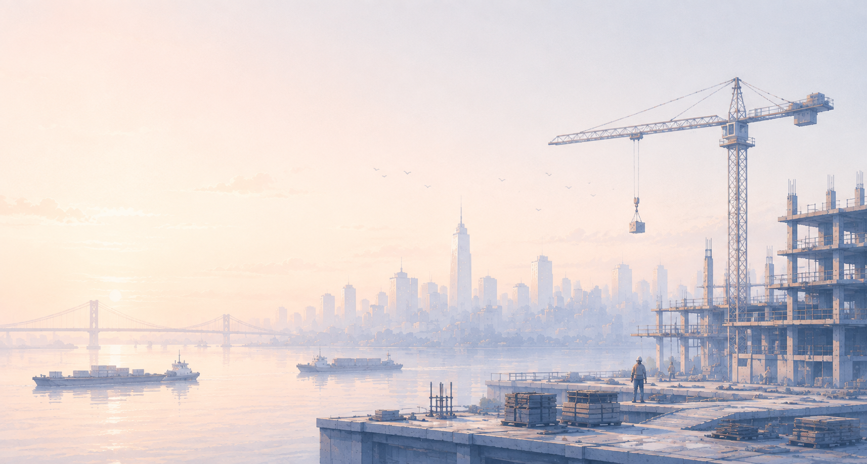 A crew at work on a waterfront site: a crane, a bridge, and the city behind